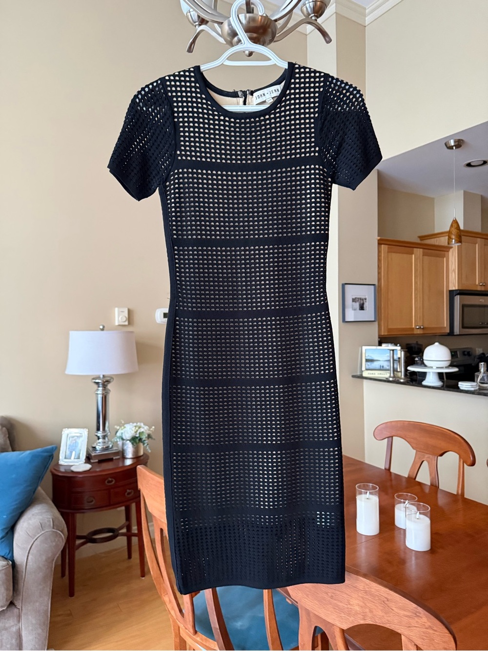 John + Jenn Black Perforated Short-Sleeve Midi Dress